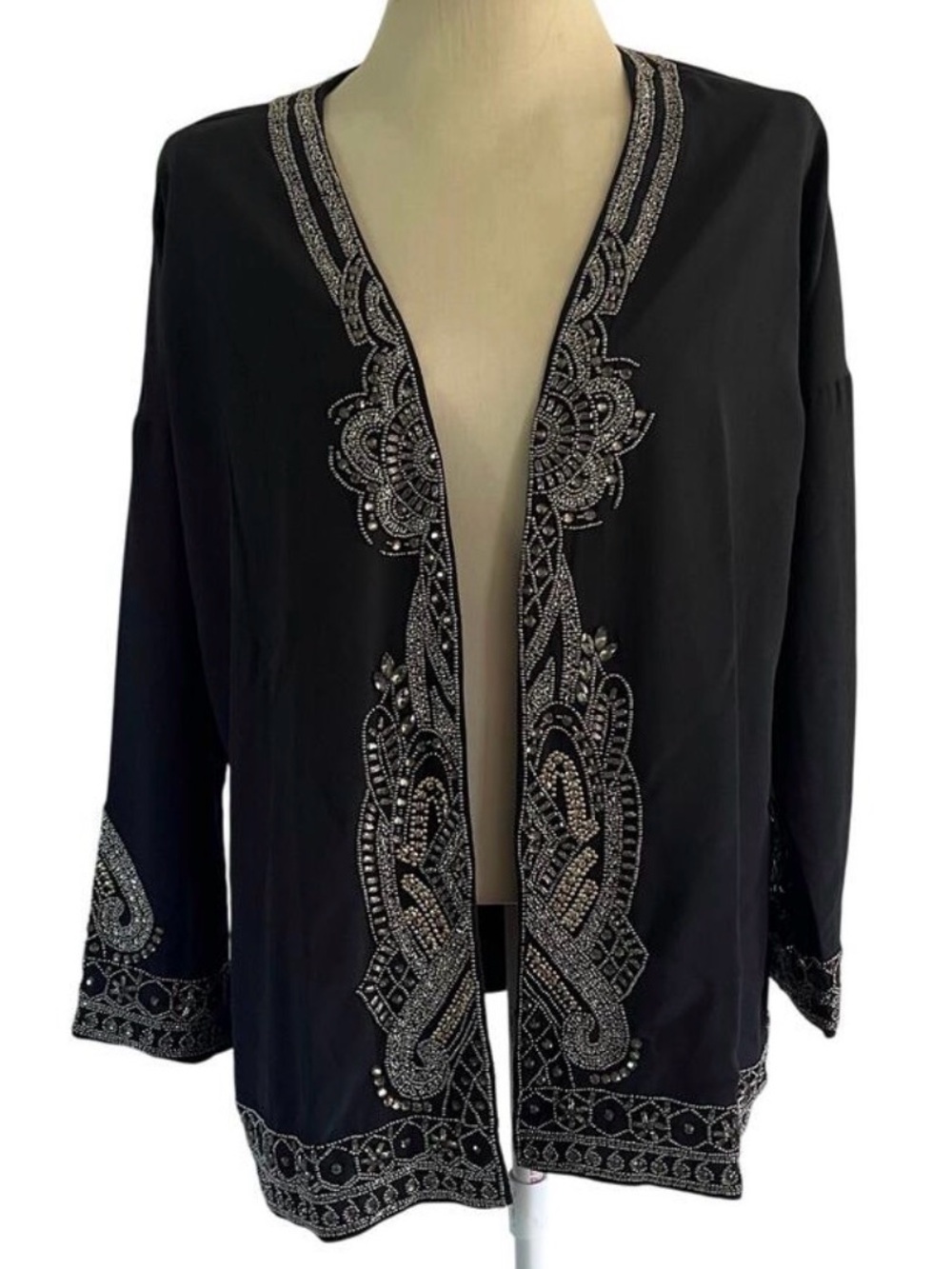 Soft Surroundings Black Embellished Open Front Jacket with Silver Beading